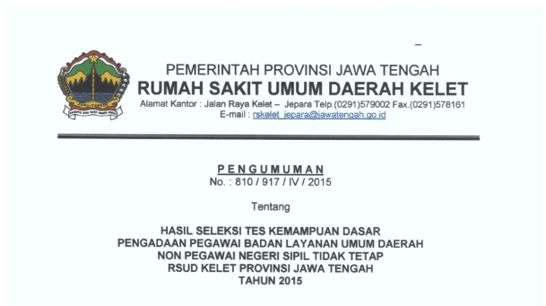 Pengumuman Hasil Seleksi Tes Kemampuan Dasar Pengadaan Pegawai BLUD Non PNS Tidak Tetap RSUD Kelet Tahun 2015