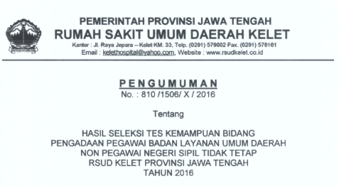 Hasil Seleksi Test Kemampuan Bidang Pengadaan BLUD Non PNS RSUD Kelet Tahun 2016